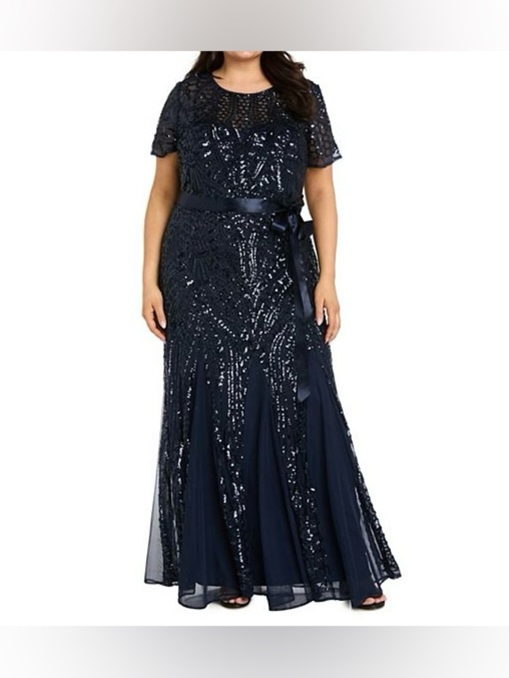 R&M Richards Embroidered Sequin Panel Godet Evening Gown Sz 14
